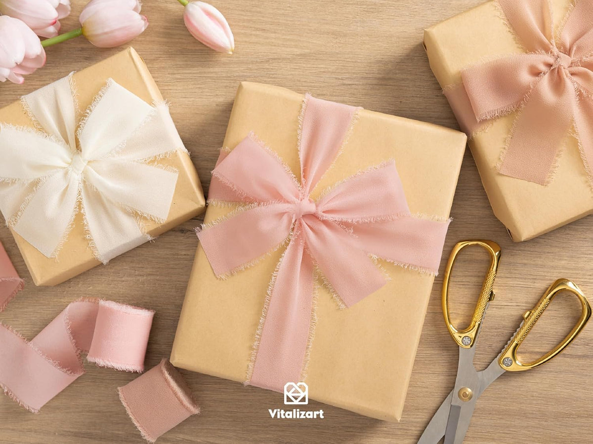 Blush Pink Handmade Chiffon Silk Ribbon Fringe 3 Rolls 1.5" x 21 Yd Frayed Edges Ribbons for Wedding Invitations Bridal Bouquets Gifts Wrapping Crafts Holiday Decor