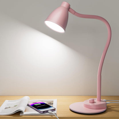 Cute Desk Lamp with USB Charging Port, 3 Color Modes Dimmable, Pink