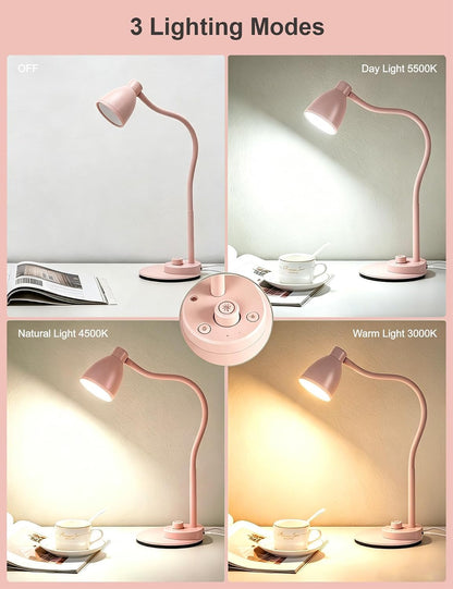 Cute Desk Lamp with USB Charging Port, 3 Color Modes Dimmable, Pink