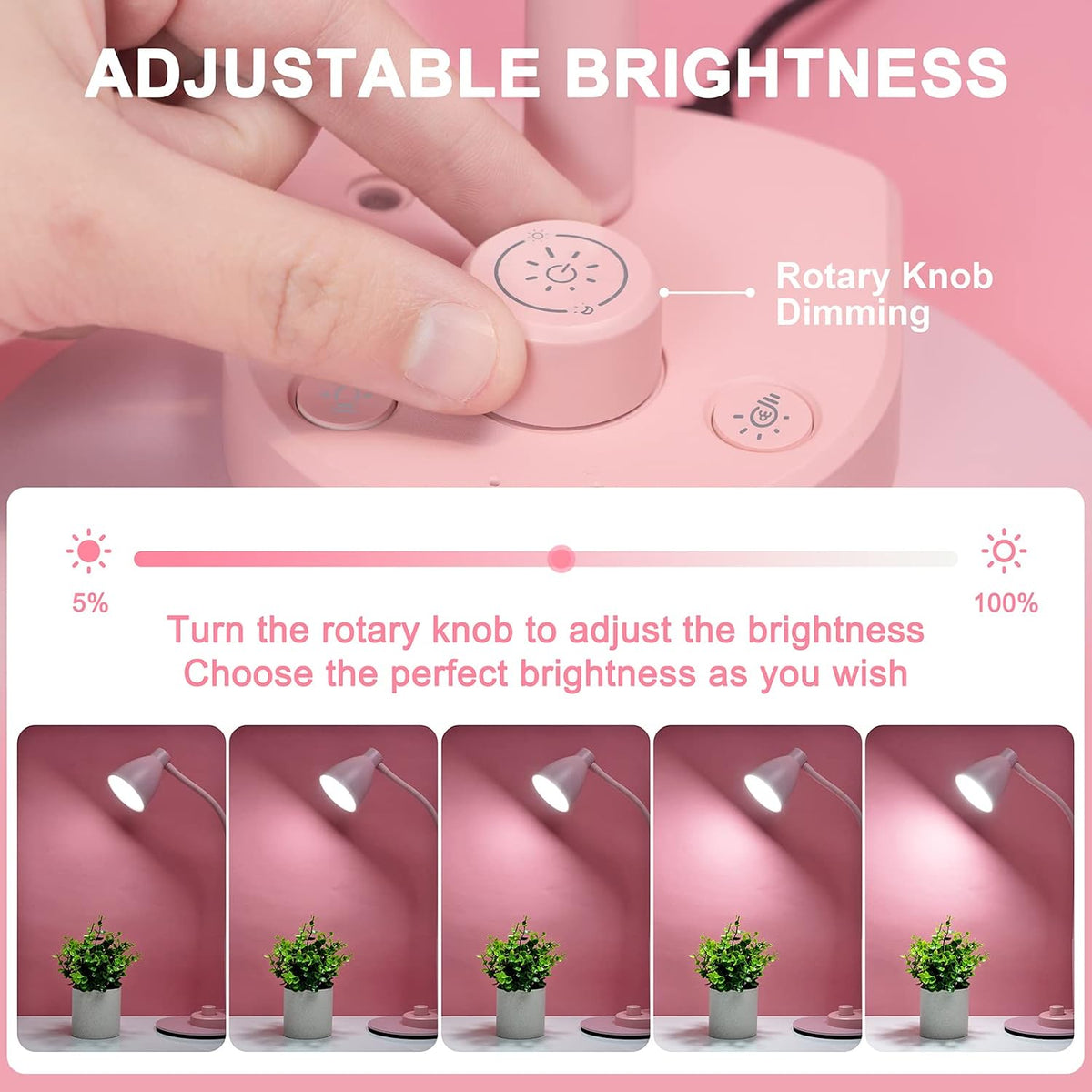 Cute Desk Lamp with USB Charging Port, 3 Color Modes Dimmable, Pink