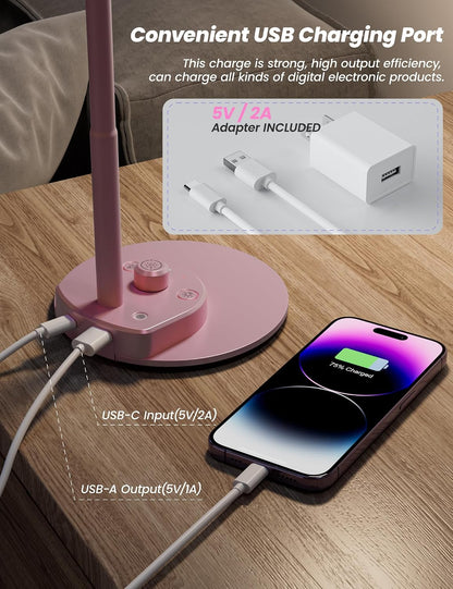 Cute Desk Lamp with USB Charging Port, 3 Color Modes Dimmable, Pink