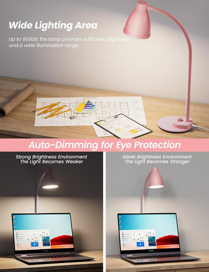 Cute Desk Lamp with USB Charging Port, 3 Color Modes Dimmable, Pink