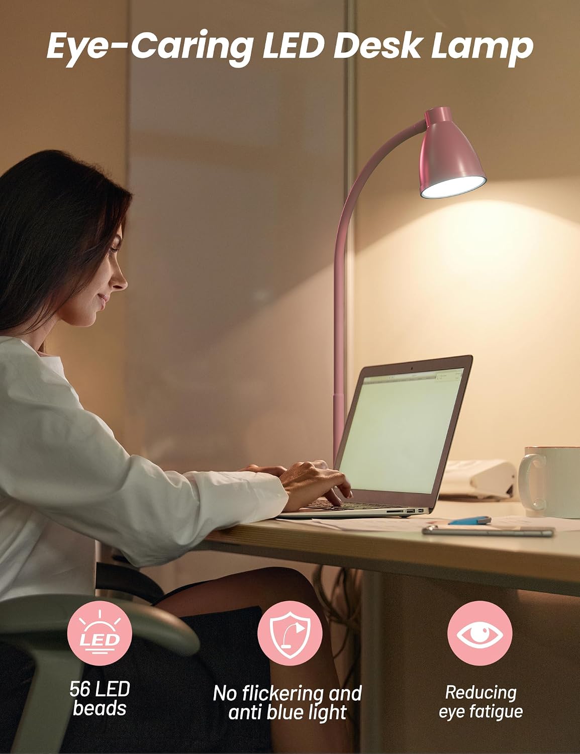 Cute Desk Lamp with USB Charging Port, 3 Color Modes Dimmable, Pink