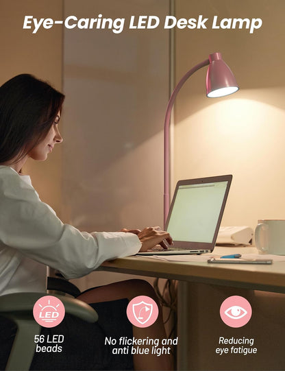 Cute Desk Lamp with USB Charging Port, 3 Color Modes Dimmable, Pink