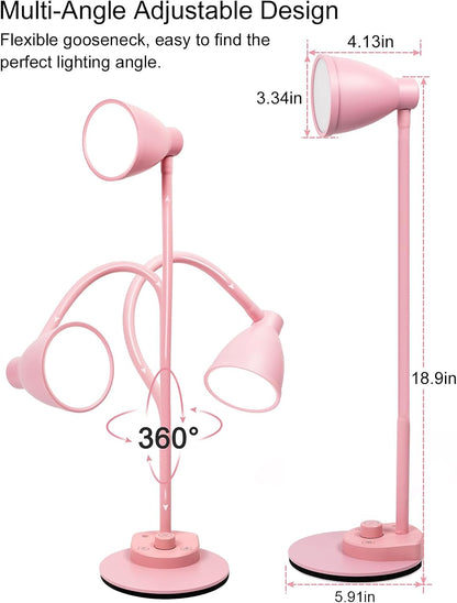 Cute Desk Lamp with USB Charging Port, 3 Color Modes Dimmable, Pink