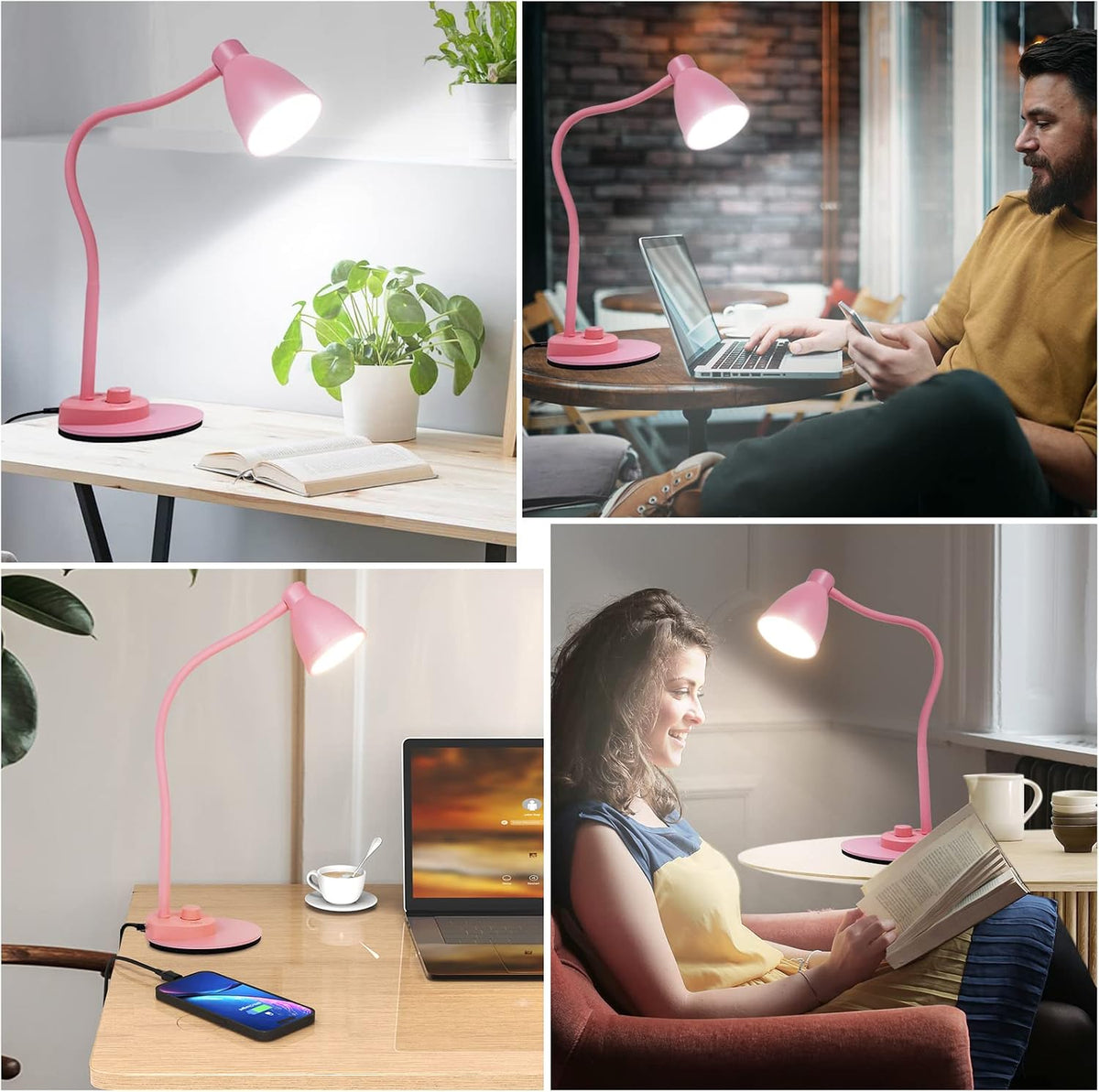Cute Desk Lamp with USB Charging Port, 3 Color Modes Dimmable, Pink