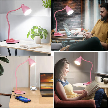Cute Desk Lamp with USB Charging Port, 3 Color Modes Dimmable, Pink