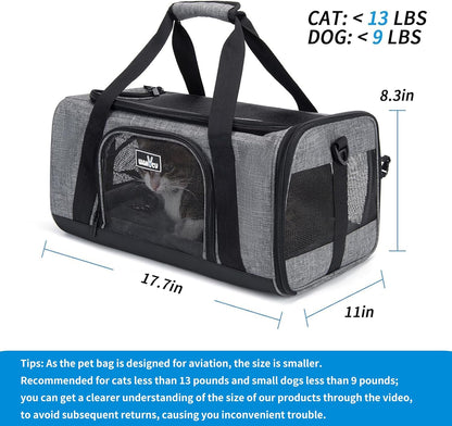 Wakytu TSA & Airline Approved Soft Pet Carrier for Cats/Dogs,17.7x11x8.3 | 3 entrances & 5 vents, waterproof rip-stop, anti-escape locks, padded strap,plane underseat,cat dog carrier