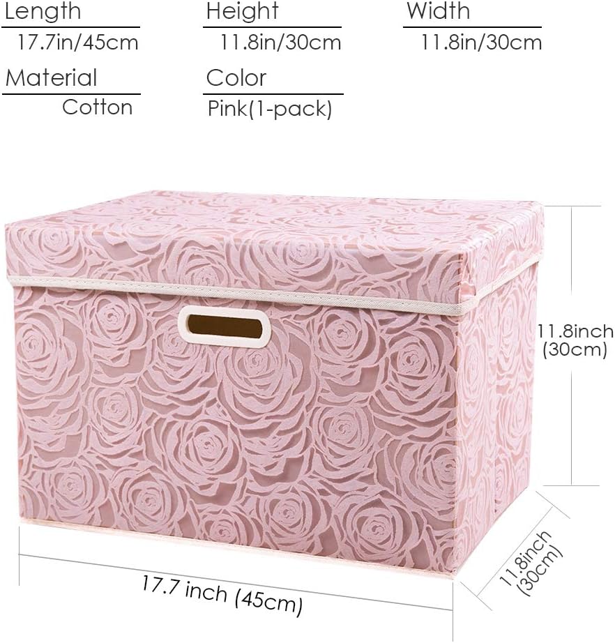 Larger Collapsible Storage Bin with Lid [1-Pack] Fabric Decorative Storage Box Cube Organizer Container Baskes with Handles Divider for Bedroom Closet Living Room Pink 17.7x11.8x11.8 Inch