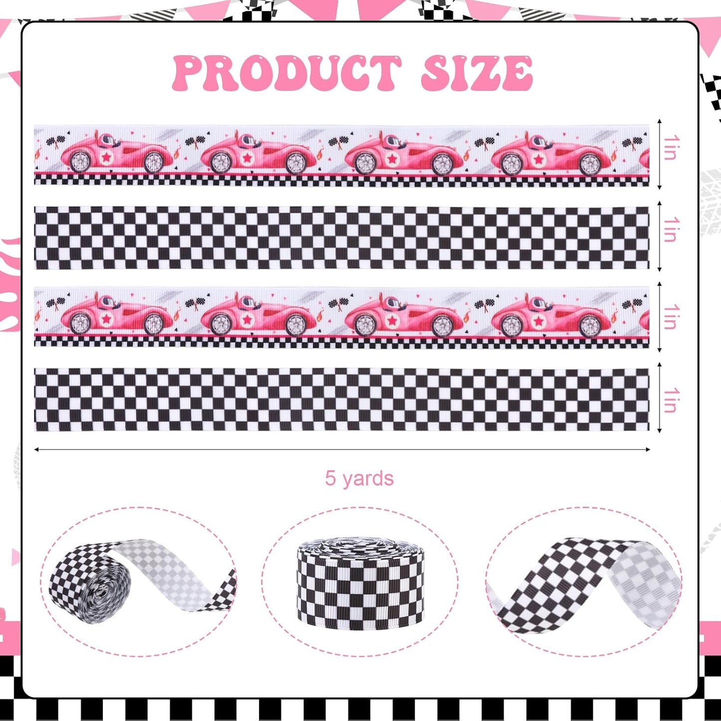 4 Rolls Pink Race Car Grosgrain Ribbons, 20 Yards Craft Ribbons for Wreath Hair Bow Wrapping Gifts Packing, Black Checkered Ribbons Birthday Wedding Gender Reveal Party Home Accessory Decor