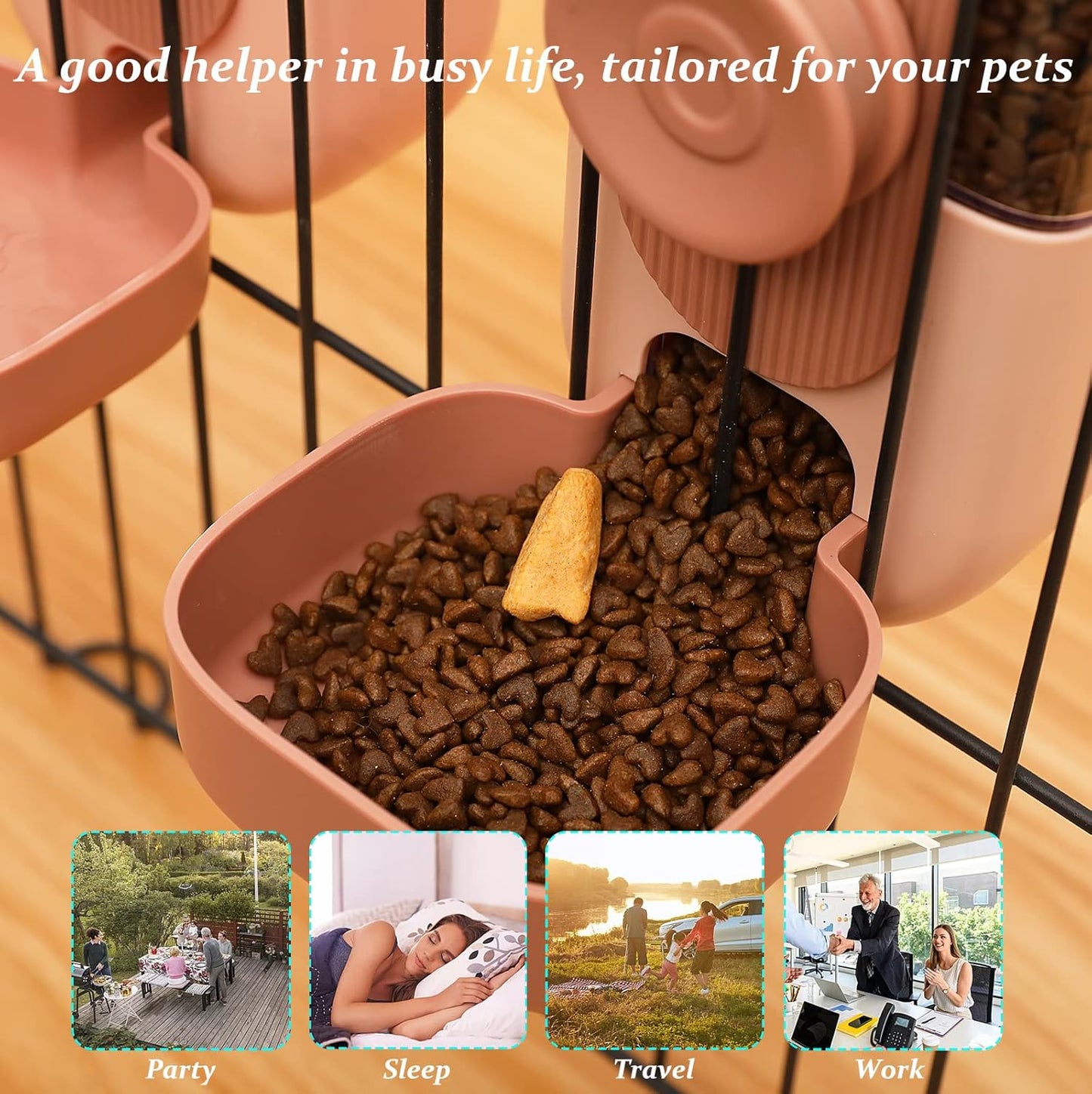 35oz Hanging Automatic Pet Food Water Dispenser, Auto Gravity Pet Feeder and Waterer Set, Cage Cat Food Bowl Dog Feeding Station for Puppy and Kitten Rabbit Chinchilla Hedgehog Ferret (Pink)