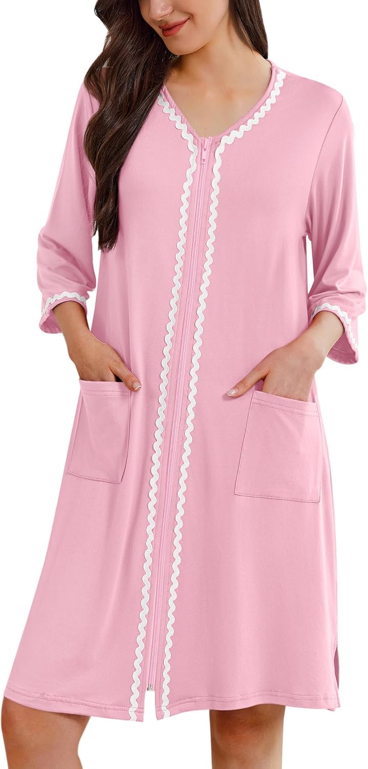 Zipper Robes for Women 3/4 Sleeves House Coat 2026 Zip Up Bathrobe
