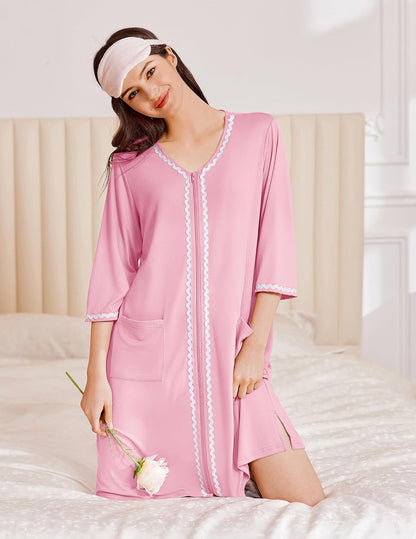 Zipper Robes for Women 3/4 Sleeves House Coat 2026 Zip Up Bathrobe