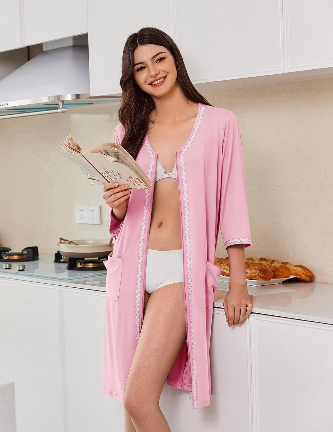 Zipper Robes for Women 3/4 Sleeves House Coat 2026 Zip Up Bathrobe