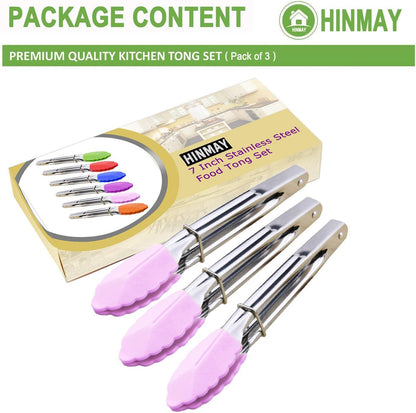 7-Inch Serving Tongs with Silicone Tips, Set of 3 (Pink)