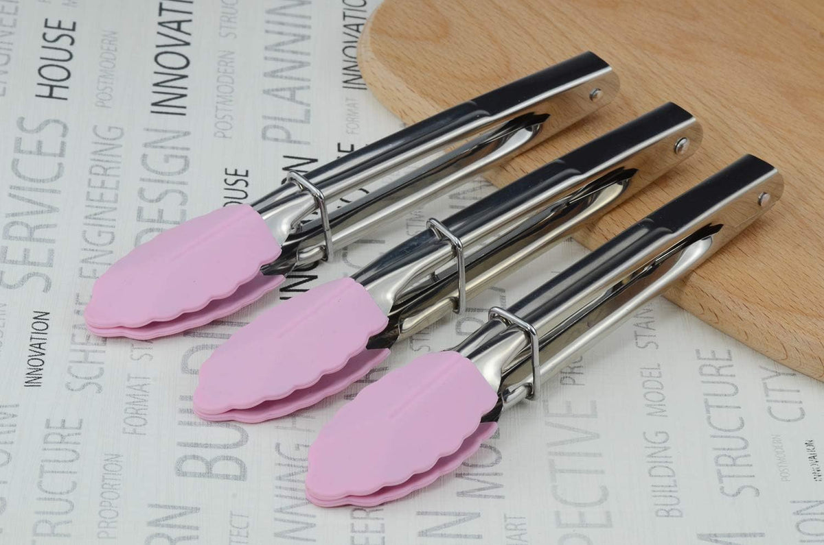 7-Inch Serving Tongs with Silicone Tips, Set of 3 (Pink)