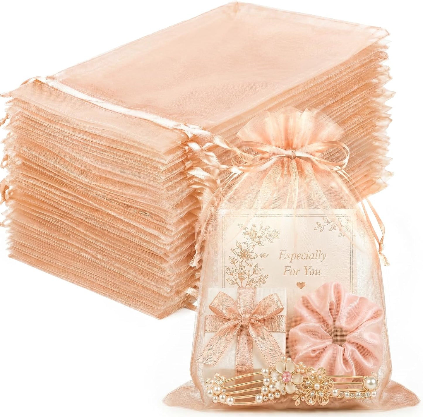 100PCS Peach Champagne Sheer Organza Bags for Candy 5"x7" | Large Mesh Gift Bags with Drawstring, Small Jewelry Bags Party Favors, Drawstring Pouch for Wedding Favors, Holidays