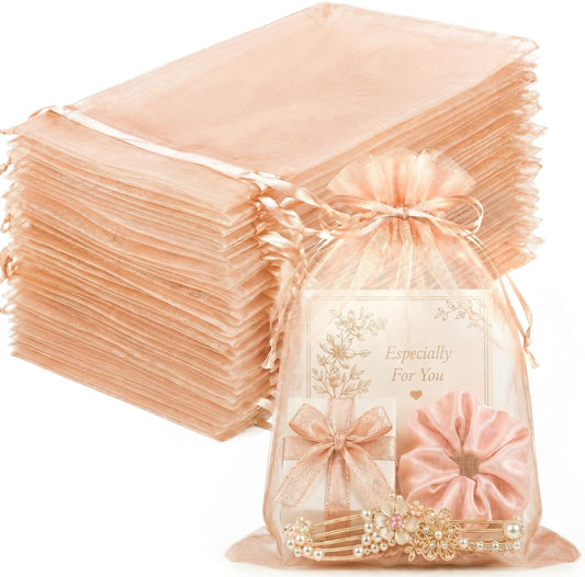 100PCS Peach Champagne Sheer Organza Bags for Candy 5"x7" | Large Mesh Gift Bags with Drawstring, Small Jewelry Bags Party Favors, Drawstring Pouch for Wedding Favors, Holidays
