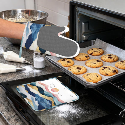 Mountains Heat-Resistant Silicone Oven Mitts and Pot Holders,Sun Golden Pink Long Oven Gloves with Non-Slip Grip for Cooking, Baking, Grilling,BBQ