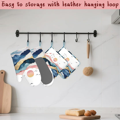 Mountains Heat-Resistant Silicone Oven Mitts and Pot Holders,Sun Golden Pink Long Oven Gloves with Non-Slip Grip for Cooking, Baking, Grilling,BBQ
