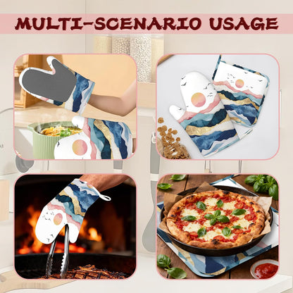 Mountains Heat-Resistant Silicone Oven Mitts and Pot Holders,Sun Golden Pink Long Oven Gloves with Non-Slip Grip for Cooking, Baking, Grilling,BBQ