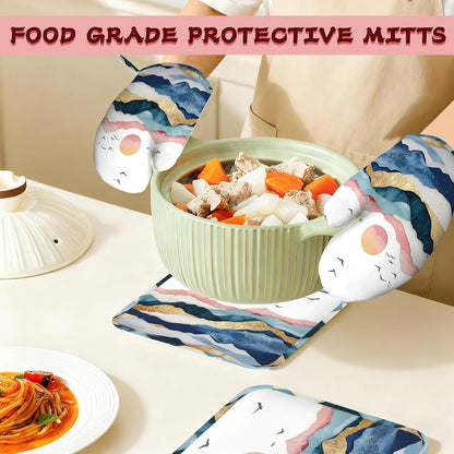 Mountains Heat-Resistant Silicone Oven Mitts and Pot Holders,Sun Golden Pink Long Oven Gloves with Non-Slip Grip for Cooking, Baking, Grilling,BBQ