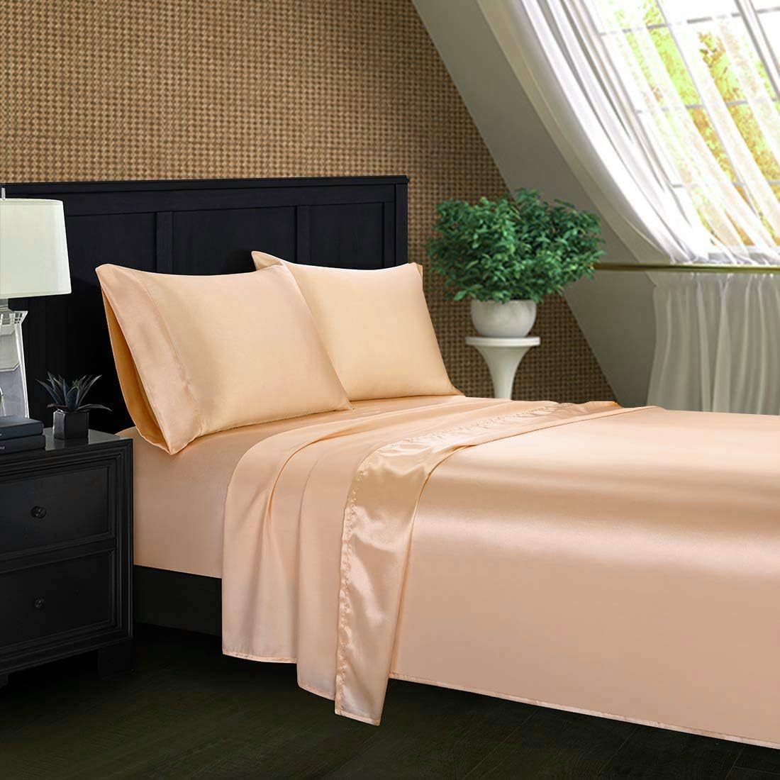 Silk Like Satin Bed in Bag 7 Piece Peach 600 GSM Warm Comforter Set (Comforter + Flat Sheet + Fitted Sheet 19" + 4 Pillow Cases) Full