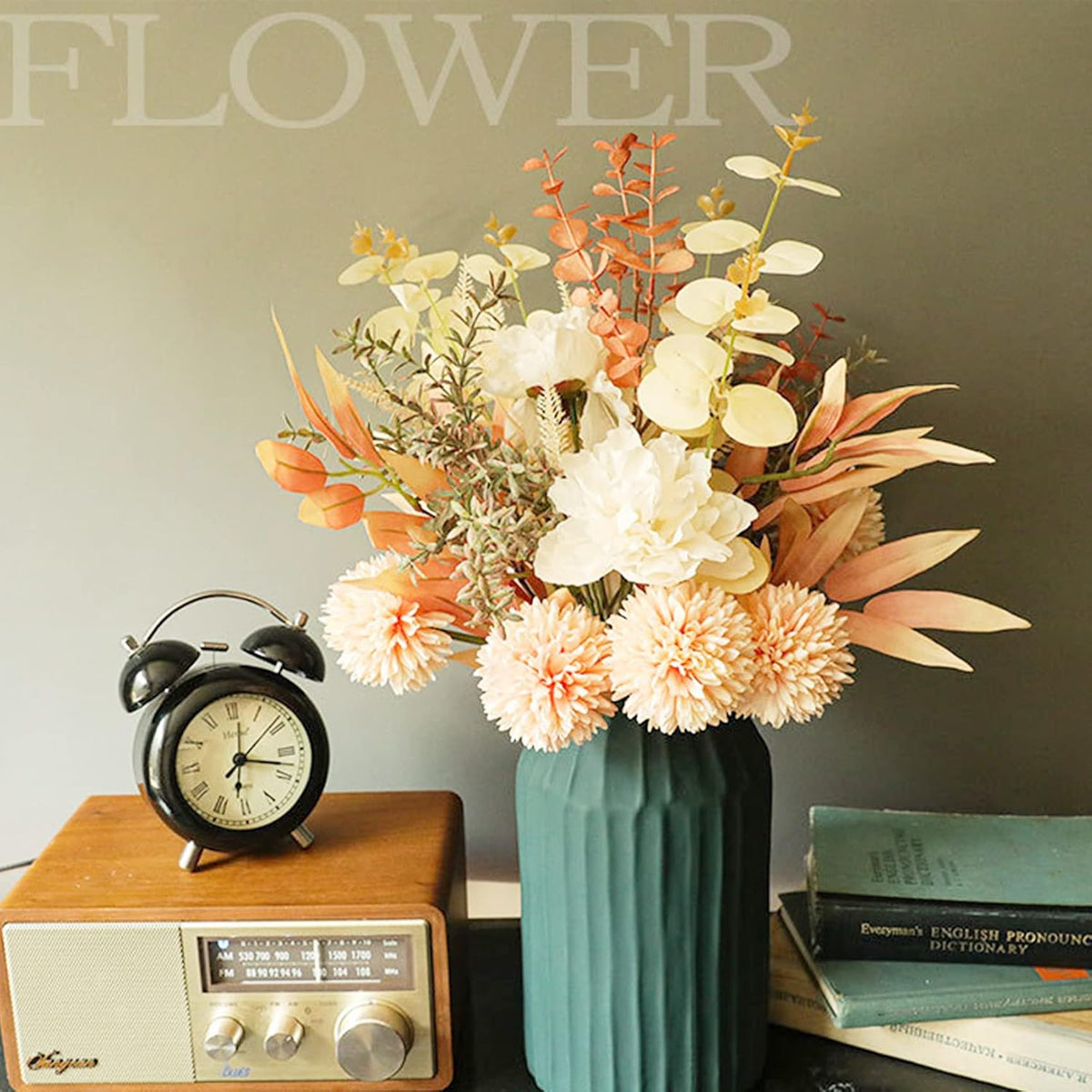 Artificial Silk Flowers for Home Decor and Wedding, Faux Flower Dining Table Centerpiece. Artificial Plants Peach Flower Arrangement. Silk Flowers for Decoration