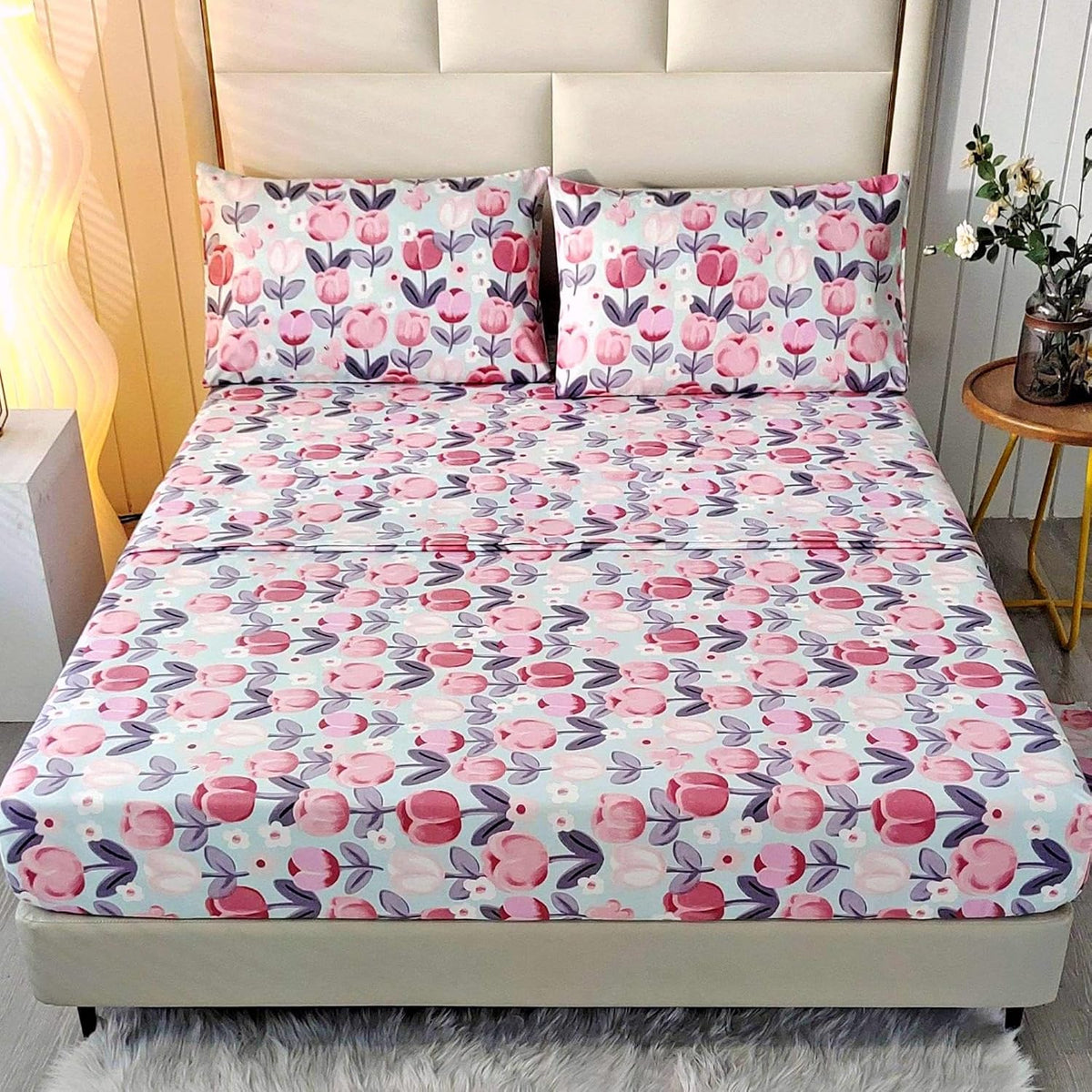 4 Pieces Pink Floral Queen Sheets Set, Soft Microfiber Floral Sheets Queen Size Deep Pocket, Sweet Romantic Pink Flower Bed Sheet All Season