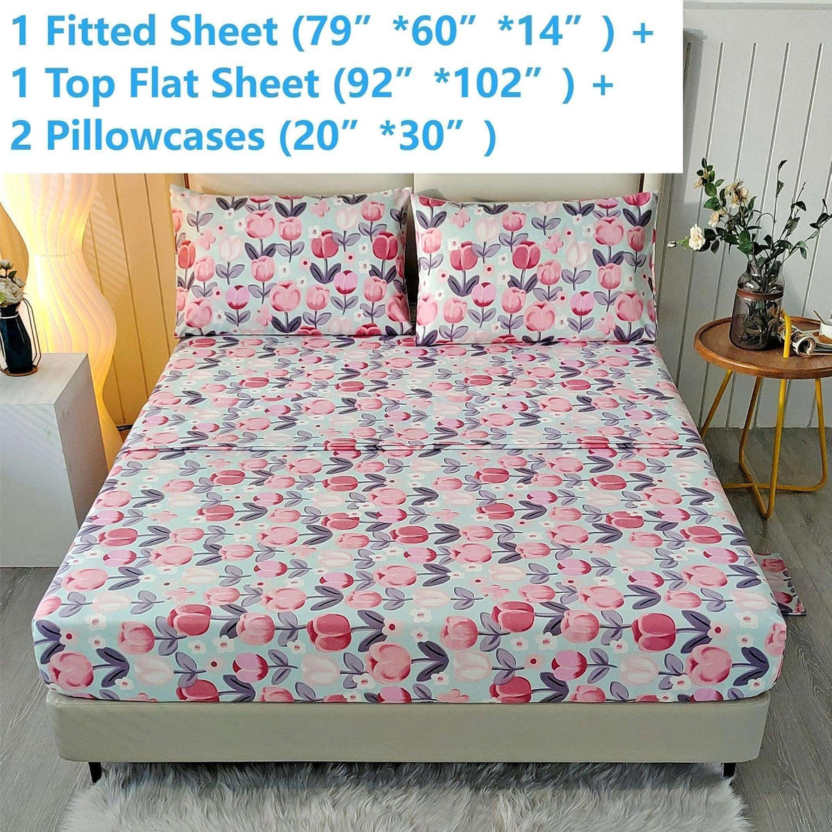 4 Pieces Pink Floral Queen Sheets Set, Soft Microfiber Floral Sheets Queen Size Deep Pocket, Sweet Romantic Pink Flower Bed Sheet All Season