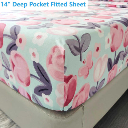 4 Pieces Pink Floral Queen Sheets Set, Soft Microfiber Floral Sheets Queen Size Deep Pocket, Sweet Romantic Pink Flower Bed Sheet All Season