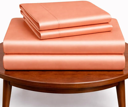 Silk Satin Sheet Set 4 Piece Queen – Luxury Soft Bed Sheets with Flat Sheet, Fitted Sheet & 2 Pillowcases, Cooling Breathable Satin Bedding Set.(Peach, Queen)