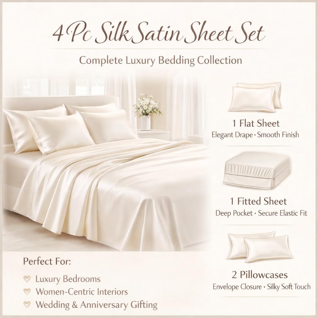 Silk Satin Sheet Set 4 Piece Queen – Luxury Soft Bed Sheets with Flat Sheet, Fitted Sheet & 2 Pillowcases, Cooling Breathable Satin Bedding Set.(Peach, Queen)