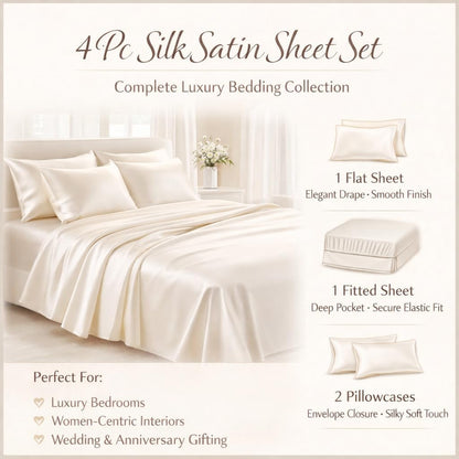 Silk Satin Sheet Set 4 Piece Queen – Luxury Soft Bed Sheets with Flat Sheet, Fitted Sheet & 2 Pillowcases, Cooling Breathable Satin Bedding Set.(Peach, Queen)