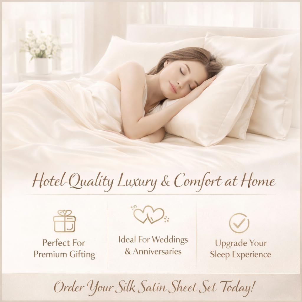 Silk Satin Sheet Set 4 Piece Queen – Luxury Soft Bed Sheets with Flat Sheet, Fitted Sheet & 2 Pillowcases, Cooling Breathable Satin Bedding Set.(Peach, Queen)