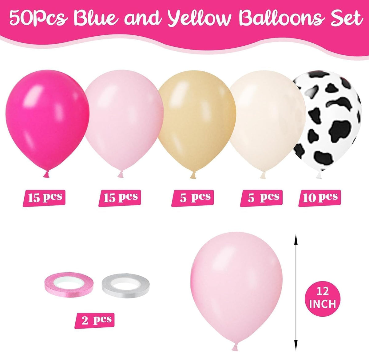 Pink Cow Balloons, 50 Pcs Hot Pink for Girls Cowgirl Baby Shower
