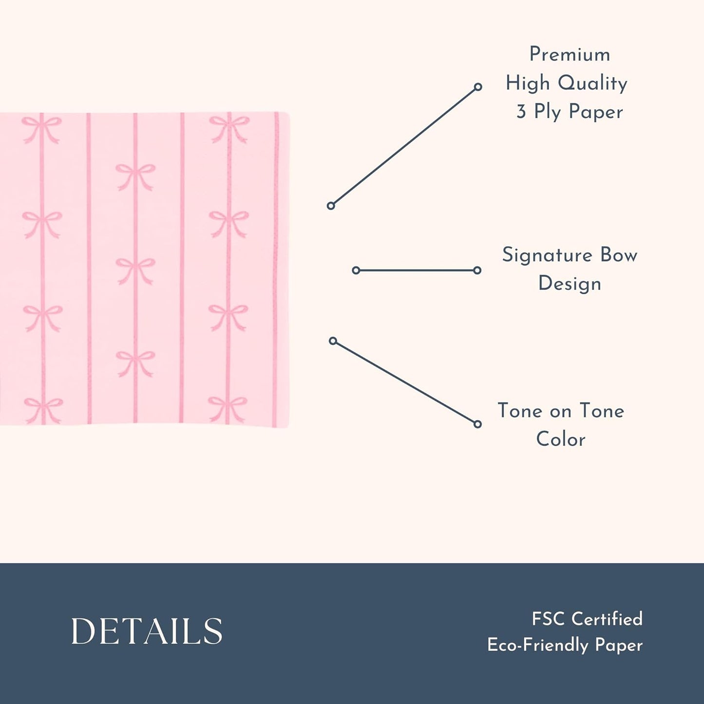 Petal Pink Signature Bow Cocktail Napkins | Disposable Beverage Napkins | Decorative Party Tableware | Baby Shower & Birthday Celebration Supplies | Pack of 20, 5"