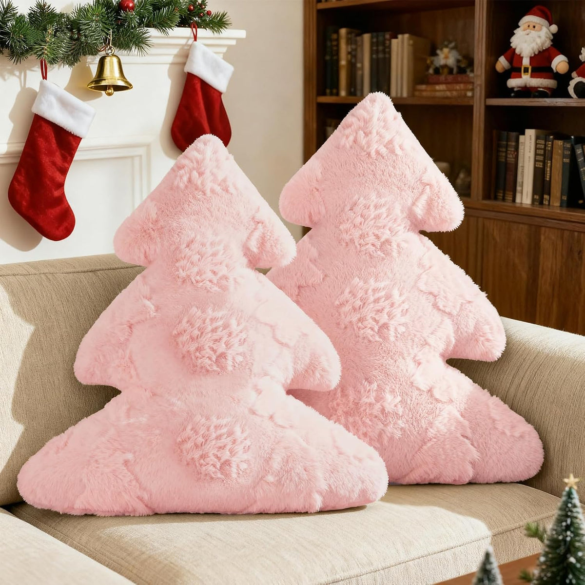 Christmas Tree Pillows Set of 2, Snowflake & Tree Christmas Decoration Winter Soft Cute 3D Shaped Xmas Tree Throw Cushion for Sofa Bedroom Xmas Decor (18x16 inch, Pink)