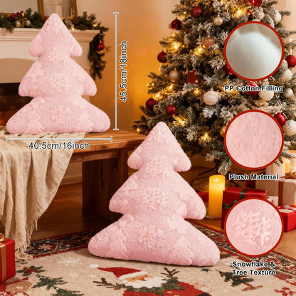 Christmas Tree Pillows Set of 2, Snowflake & Tree Christmas Decoration Winter Soft Cute 3D Shaped Xmas Tree Throw Cushion for Sofa Bedroom Xmas Decor (18x16 inch, Pink)