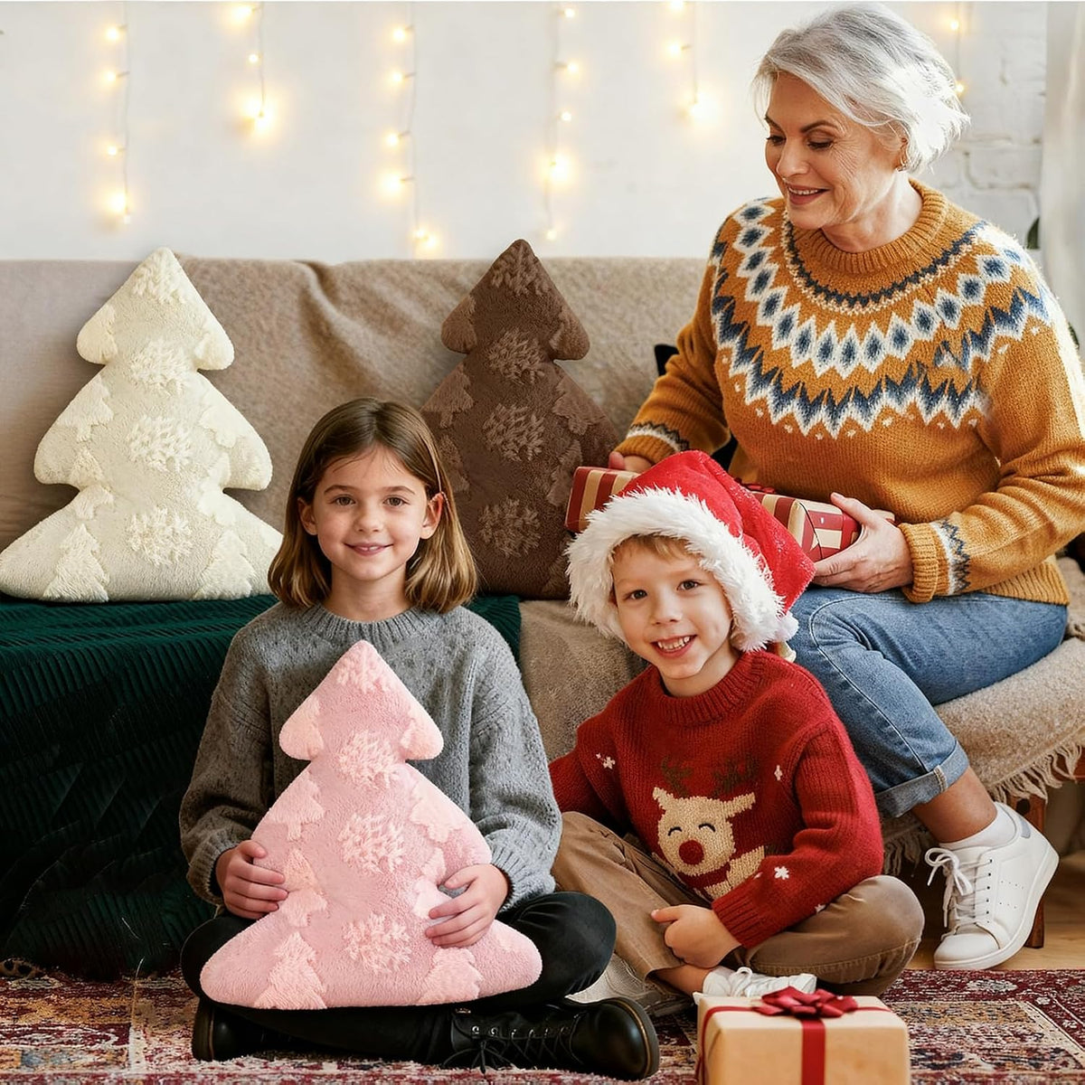 Christmas Tree Pillows Set of 2, Snowflake & Tree Christmas Decoration Winter Soft Cute 3D Shaped Xmas Tree Throw Cushion for Sofa Bedroom Xmas Decor (18x16 inch, Pink)