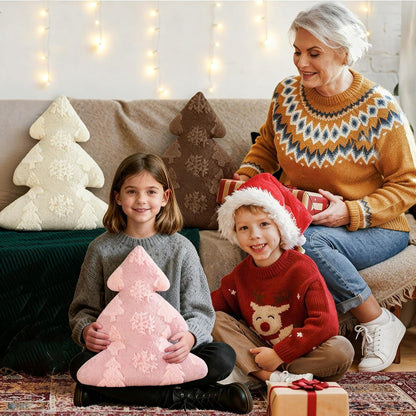 Christmas Tree Pillows Set of 2, Snowflake & Tree Christmas Decoration Winter Soft Cute 3D Shaped Xmas Tree Throw Cushion for Sofa Bedroom Xmas Decor (18x16 inch, Pink)
