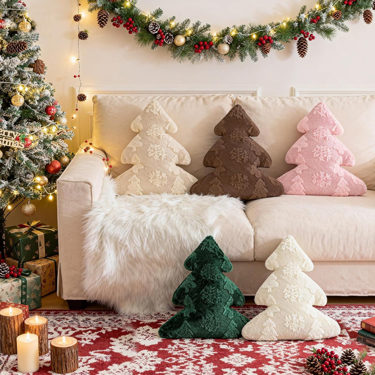 Christmas Tree Pillows Set of 2, Snowflake & Tree Christmas Decoration Winter Soft Cute 3D Shaped Xmas Tree Throw Cushion for Sofa Bedroom Xmas Decor (18x16 inch, Pink)