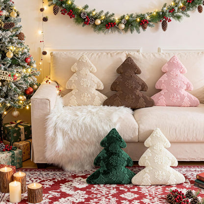 Christmas Tree Pillows Set of 2, Snowflake & Tree Christmas Decoration Winter Soft Cute 3D Shaped Xmas Tree Throw Cushion for Sofa Bedroom Xmas Decor (18x16 inch, Pink)