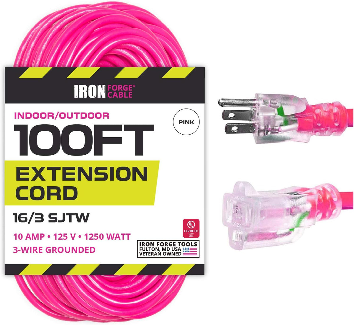 16 Gauge Heavy Duty Extension Cord, 100 Ft - Neon Pink