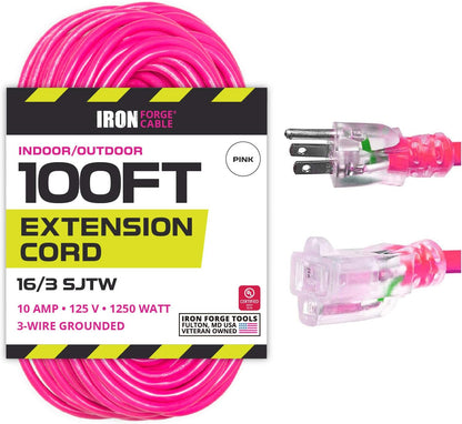 16 Gauge Heavy Duty Extension Cord, 100 Ft - Neon Pink