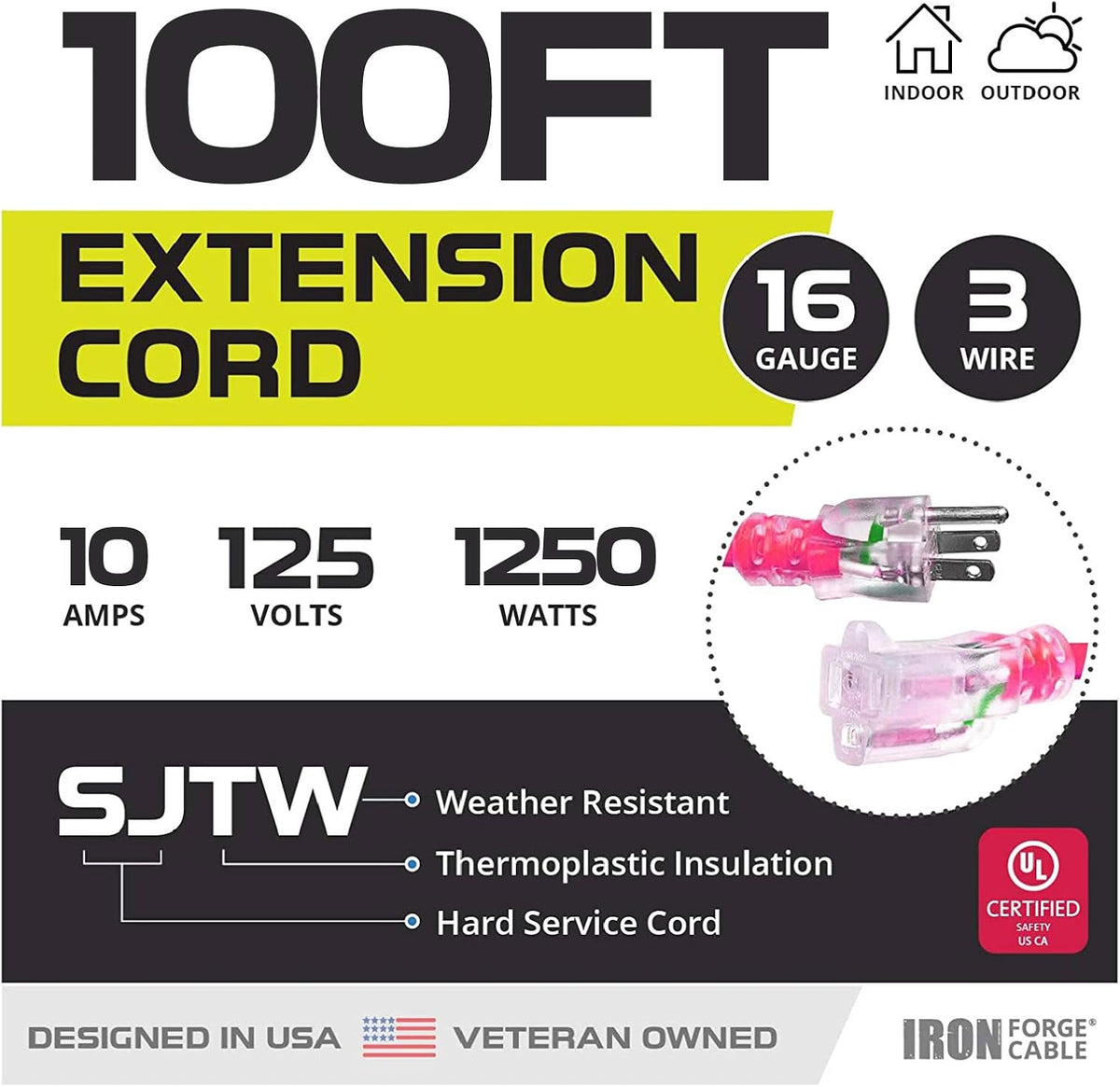 16 Gauge Heavy Duty Extension Cord, 100 Ft - Neon Pink