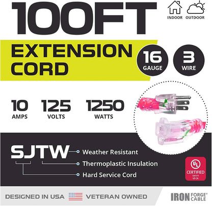 16 Gauge Heavy Duty Extension Cord, 100 Ft - Neon Pink