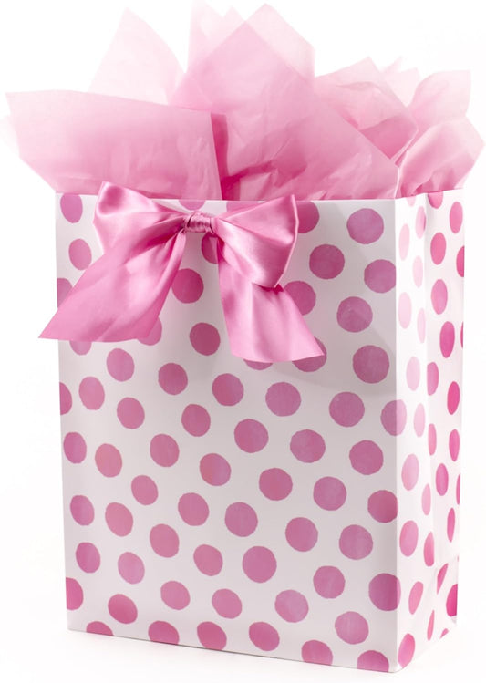 15" Extra Large Gift Bag with Tissue Paper (Pink Polka Dots and Bow) for Birthdays, Easter, Baby Showers, Bridal Showers, Any Occasion