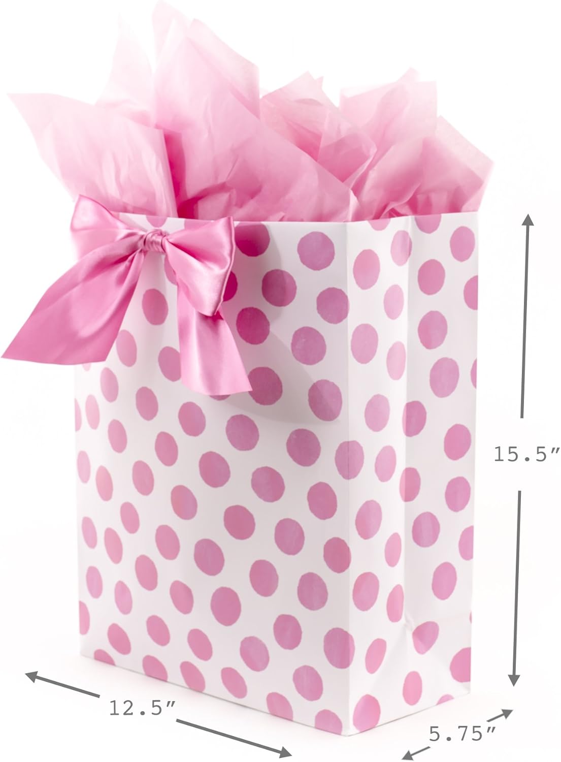 15" Extra Large Gift Bag with Tissue Paper (Pink Polka Dots and Bow) for Birthdays, Easter, Baby Showers, Bridal Showers, Any Occasion