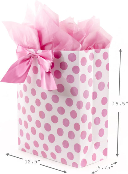 15" Extra Large Gift Bag with Tissue Paper (Pink Polka Dots and Bow) for Birthdays, Easter, Baby Showers, Bridal Showers, Any Occasion